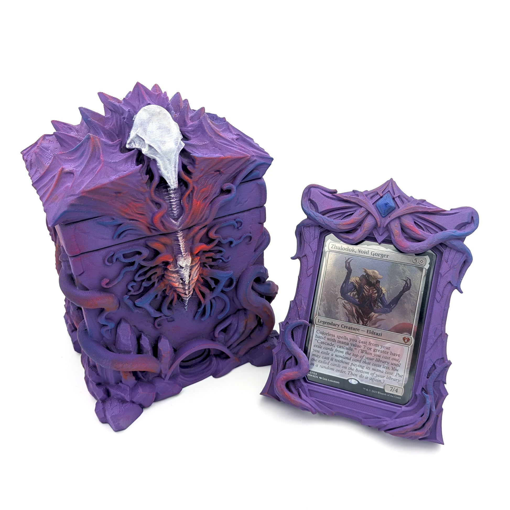Eldrazi fantasy-themed deck box with card frame