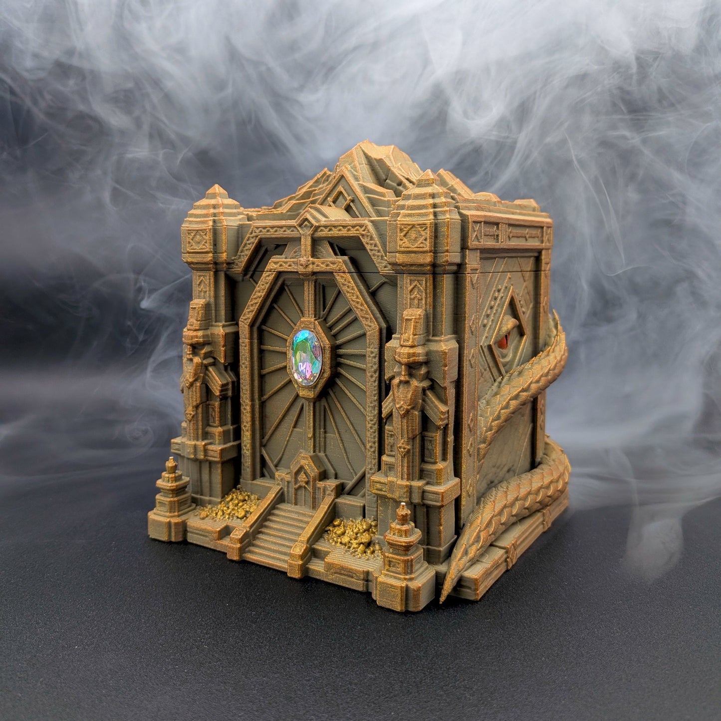A Hobbit Themed deck box displaying dwarven architecture, piles of gold, the arkenstone and the lurking presence of smaug.