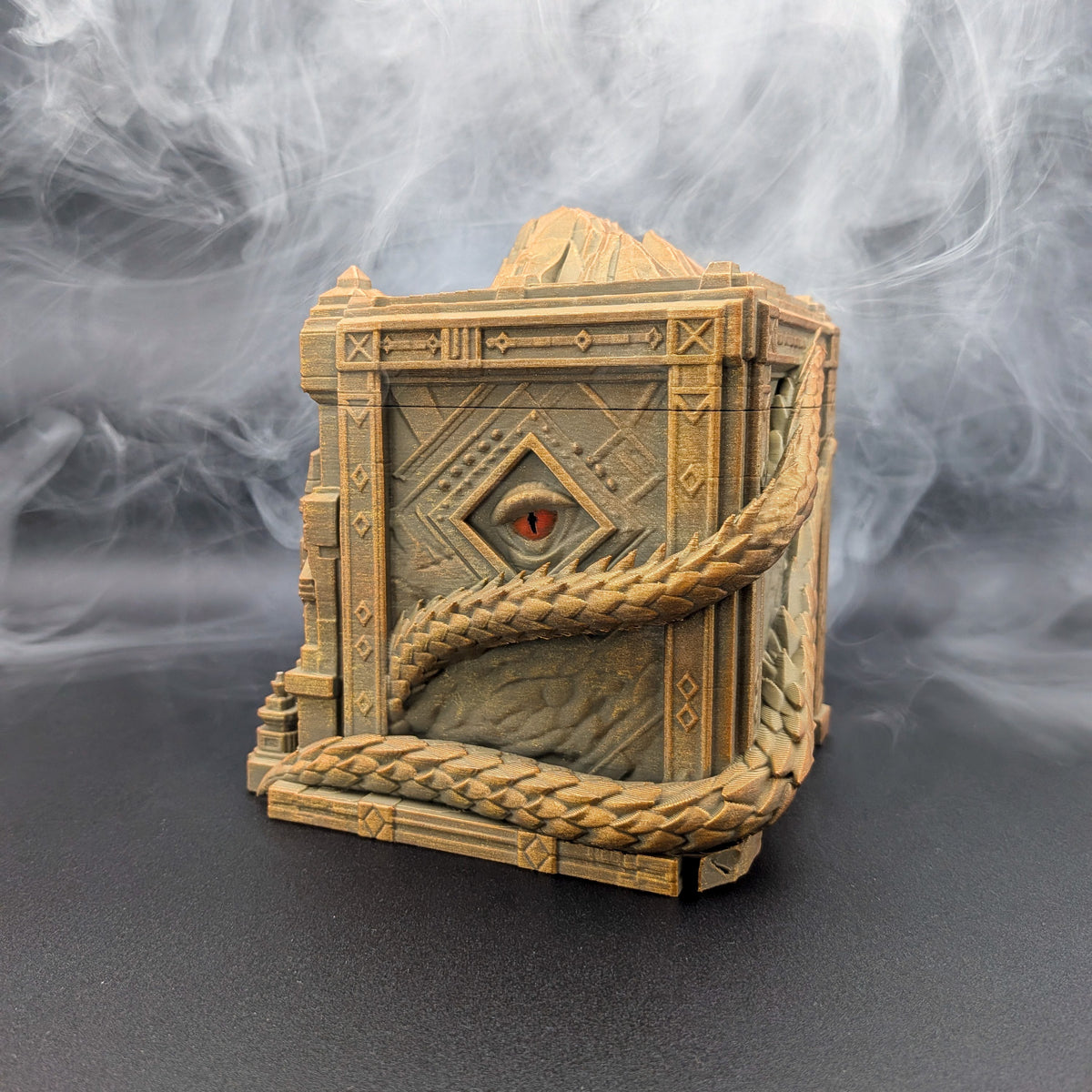 A detailed miniature fantasy treasure chest figurine wrapped in thick rope, featuring a single red eye on the front panel, set against a smoky gray background.